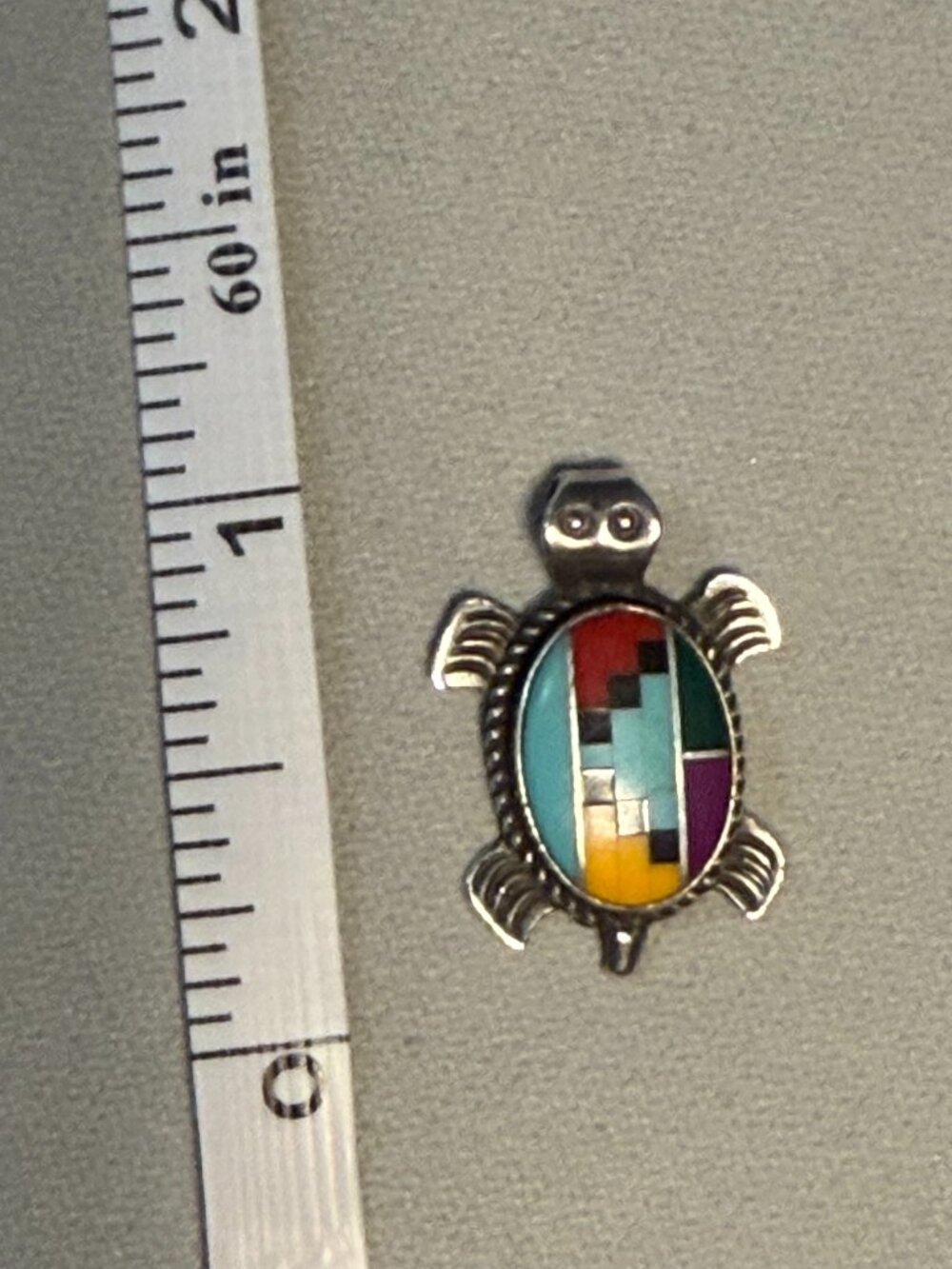 Zuni Style Multistone Inlay Turtle Pendant 925 Sterling Silver Southwestern